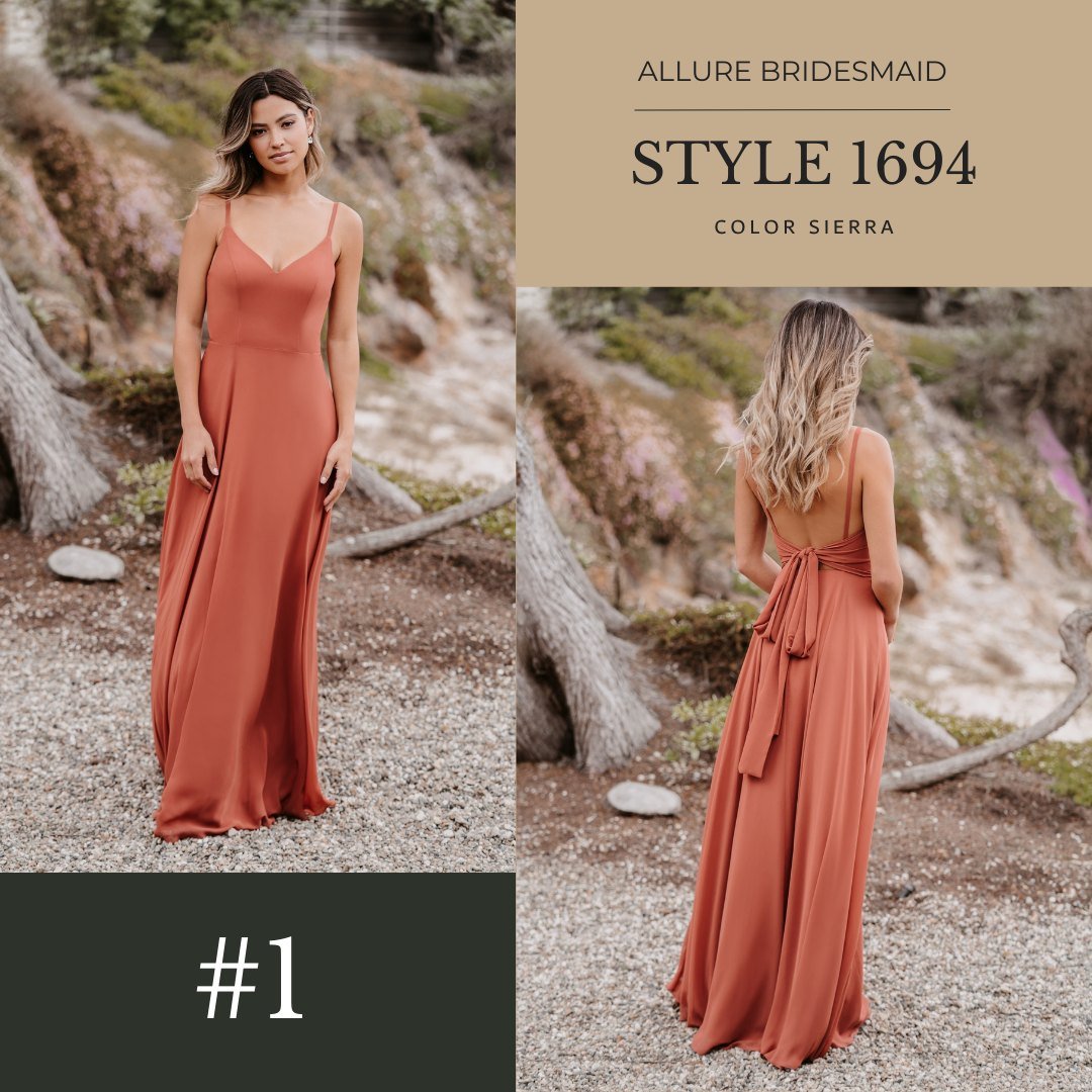 🧡 Let's have a bit of fun and let us know which one of these Sierra colored bridesmaids dresses from Allure is your favorite! 1, 2 or 3? / Amusons-nous un peu et dites-nous laquelle de ces robes de demoiselles d'honneur de couleur Sierra d'Allure es