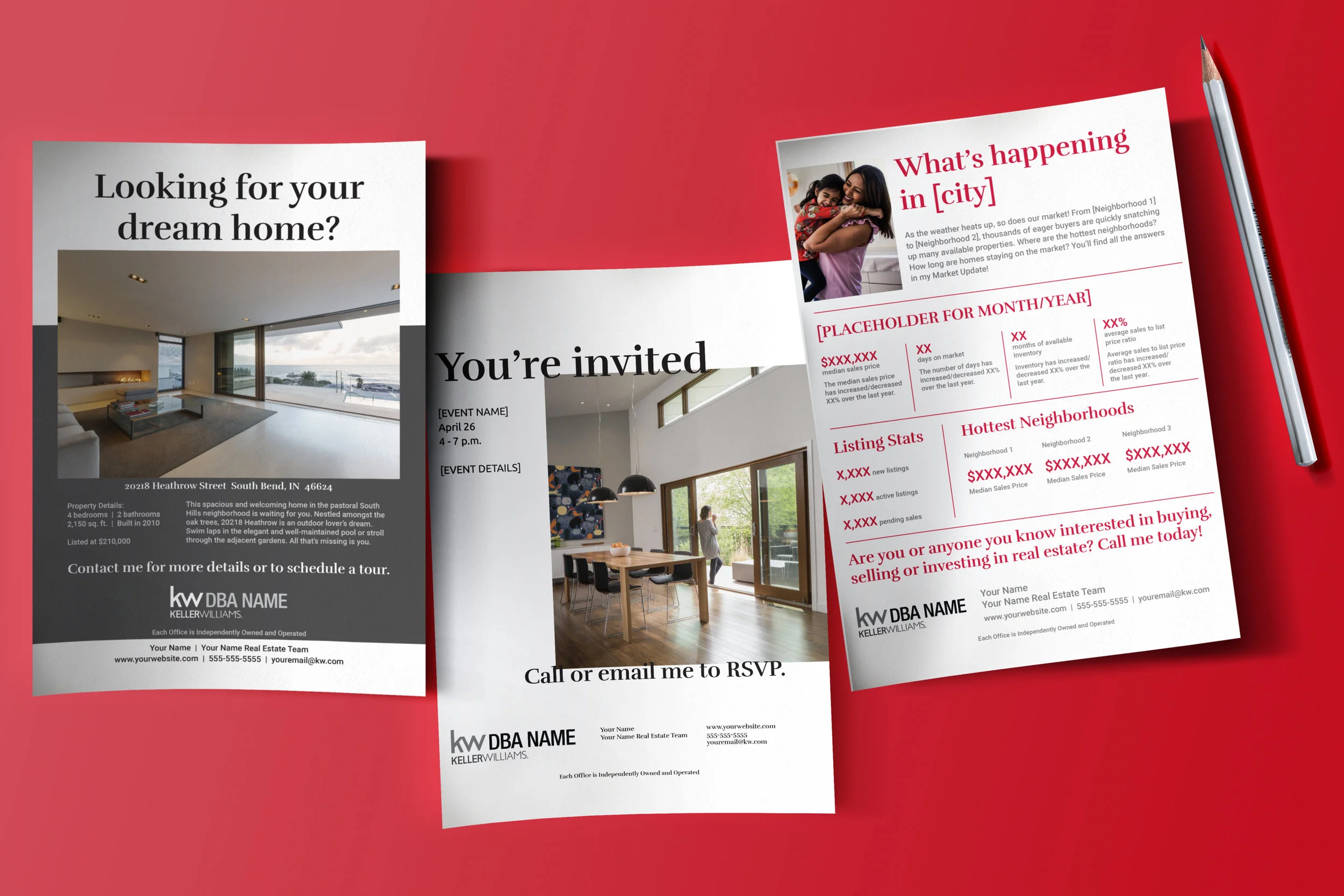 Flyer designs advertise events, new listings, area statistics, and more.