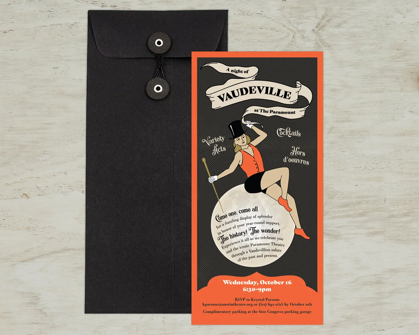 Custom invitation designed for a donor event at The Paramount.