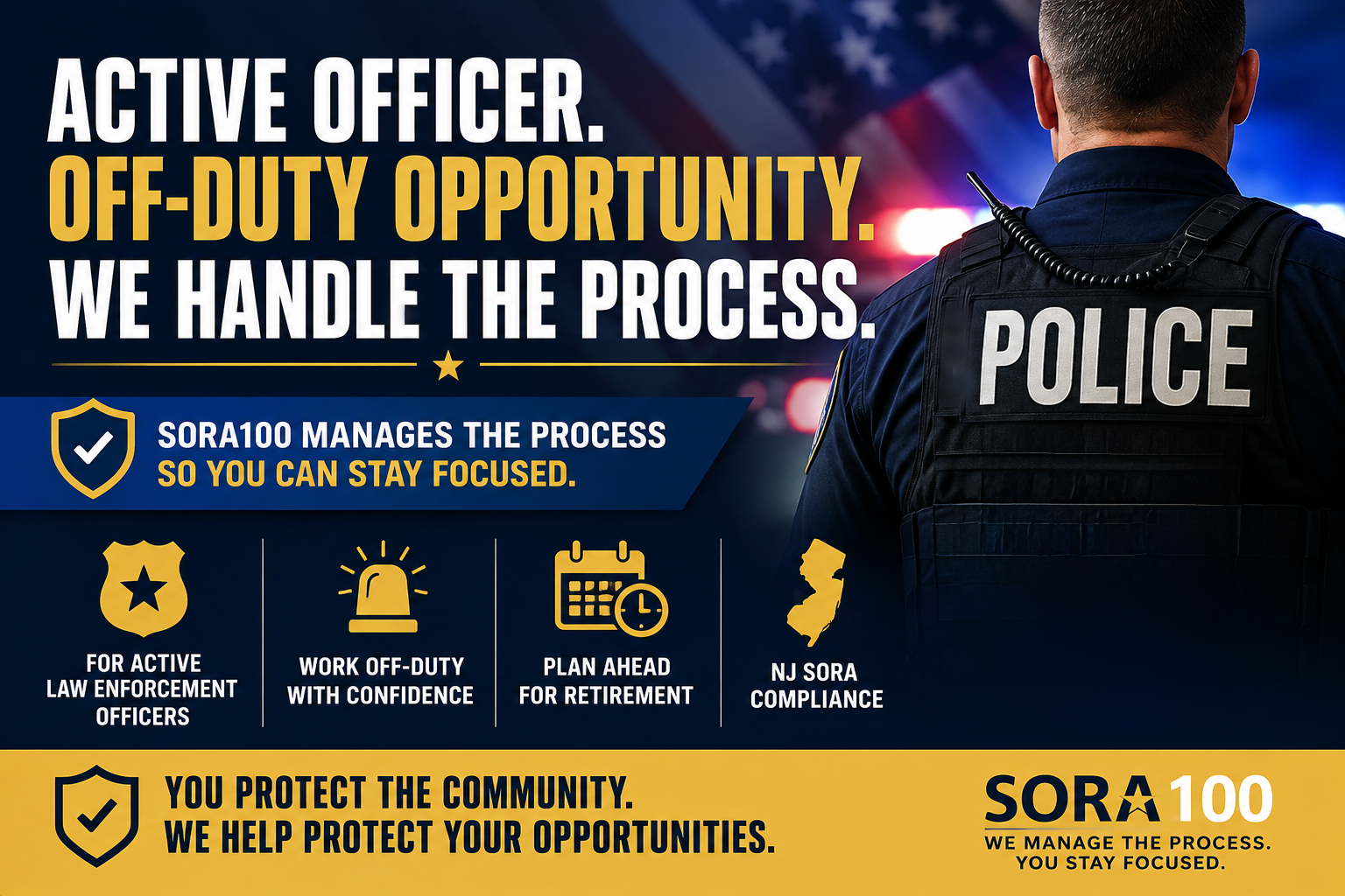 Active New Jersey law enforcement officer learning about SORA certification for off-duty security employment through SORA100.