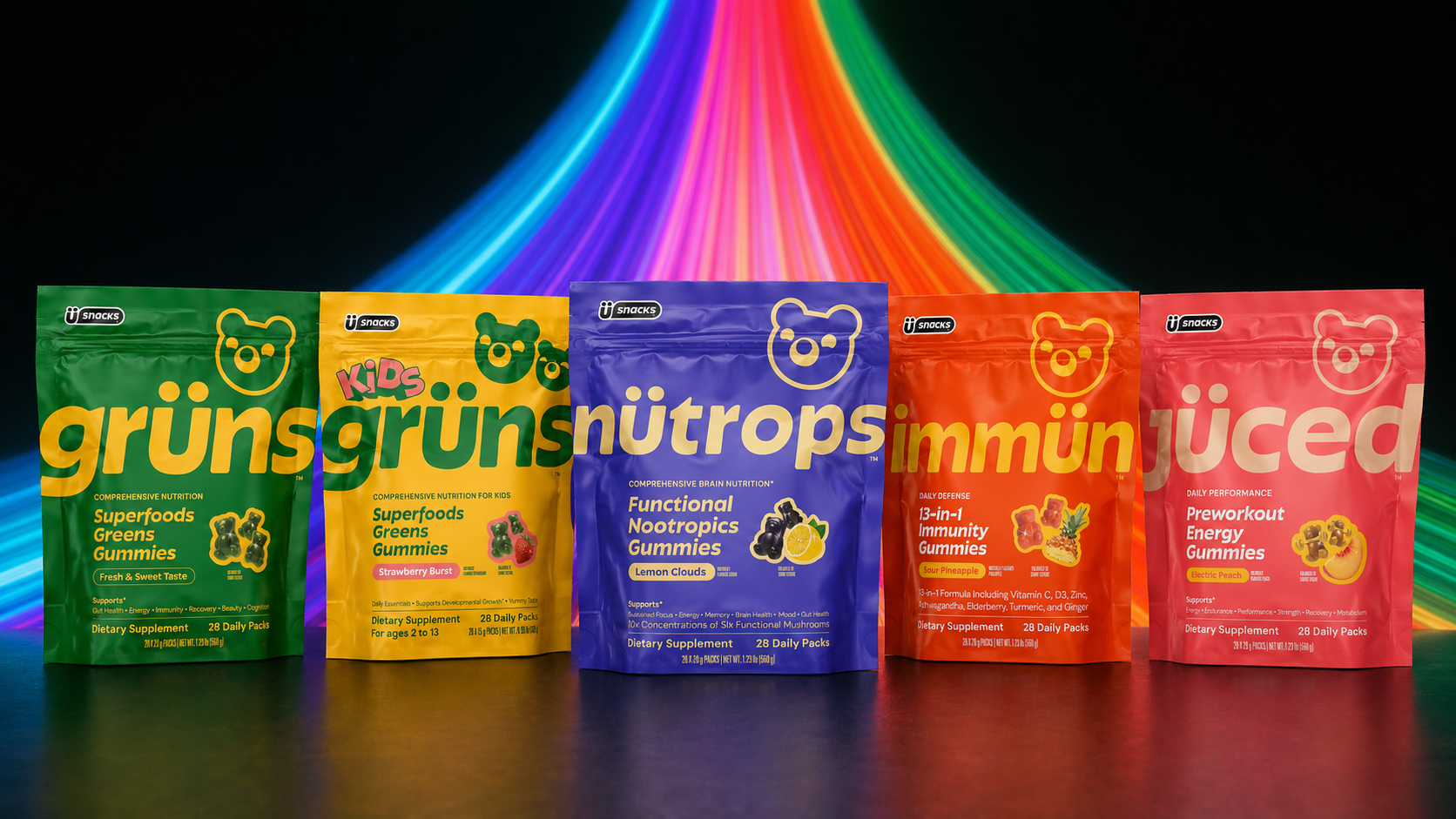 Product packaging for Grüns & Üsnacks products.