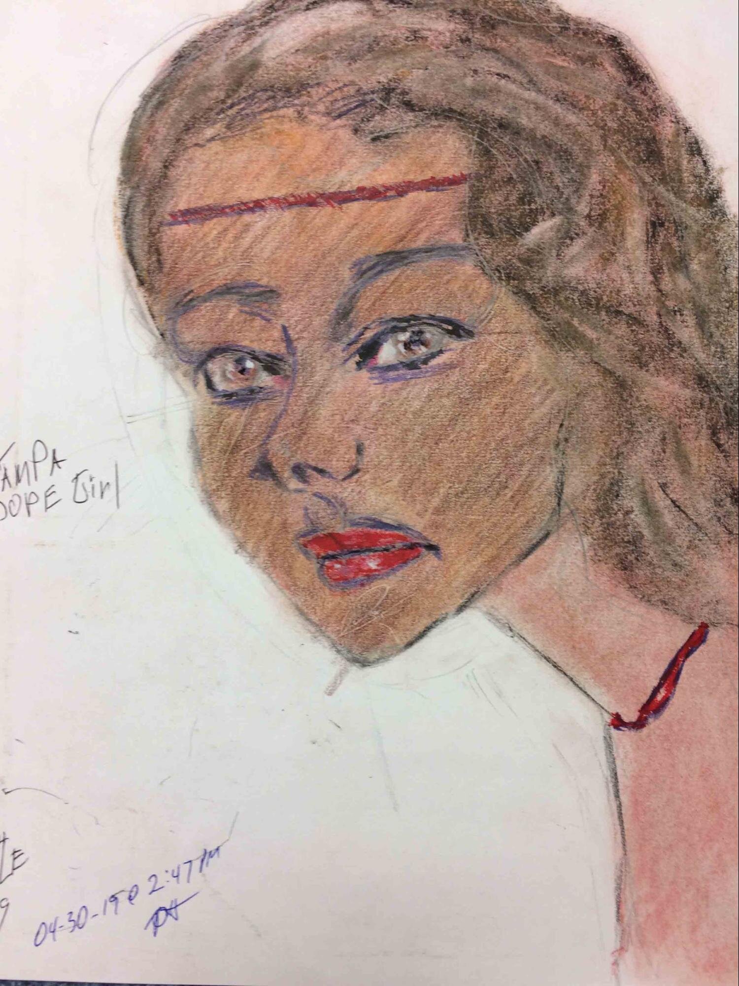   Tampa Dope Girl, adorned with a matching red headband and choker, may have had ties to the local drug scene and was allegedly killed in 1984.  