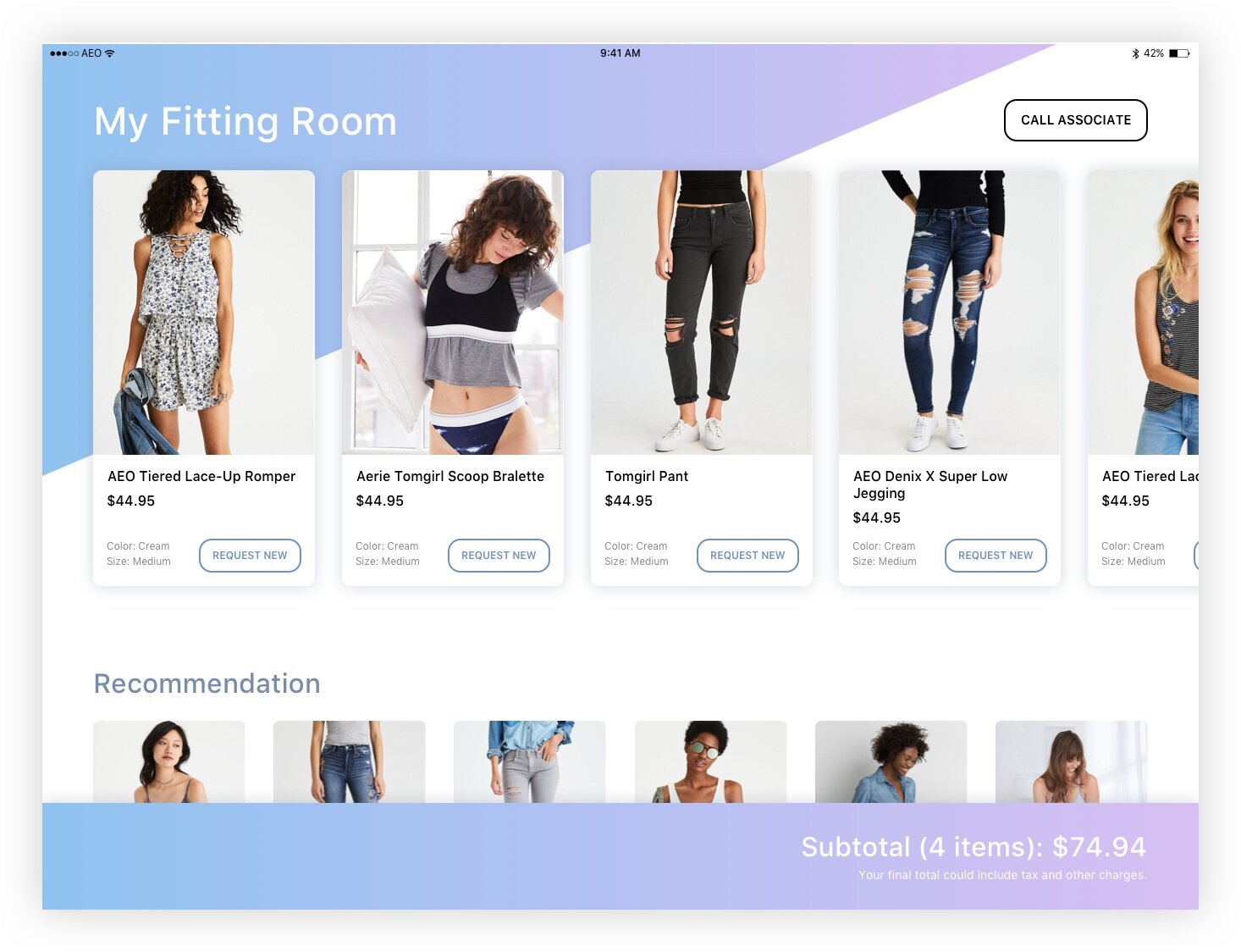  Similar to the initial wireframe, focus on try-on products but added some visual pop to make the experience feel more modern. Vertical scroll to see recommendations. 
