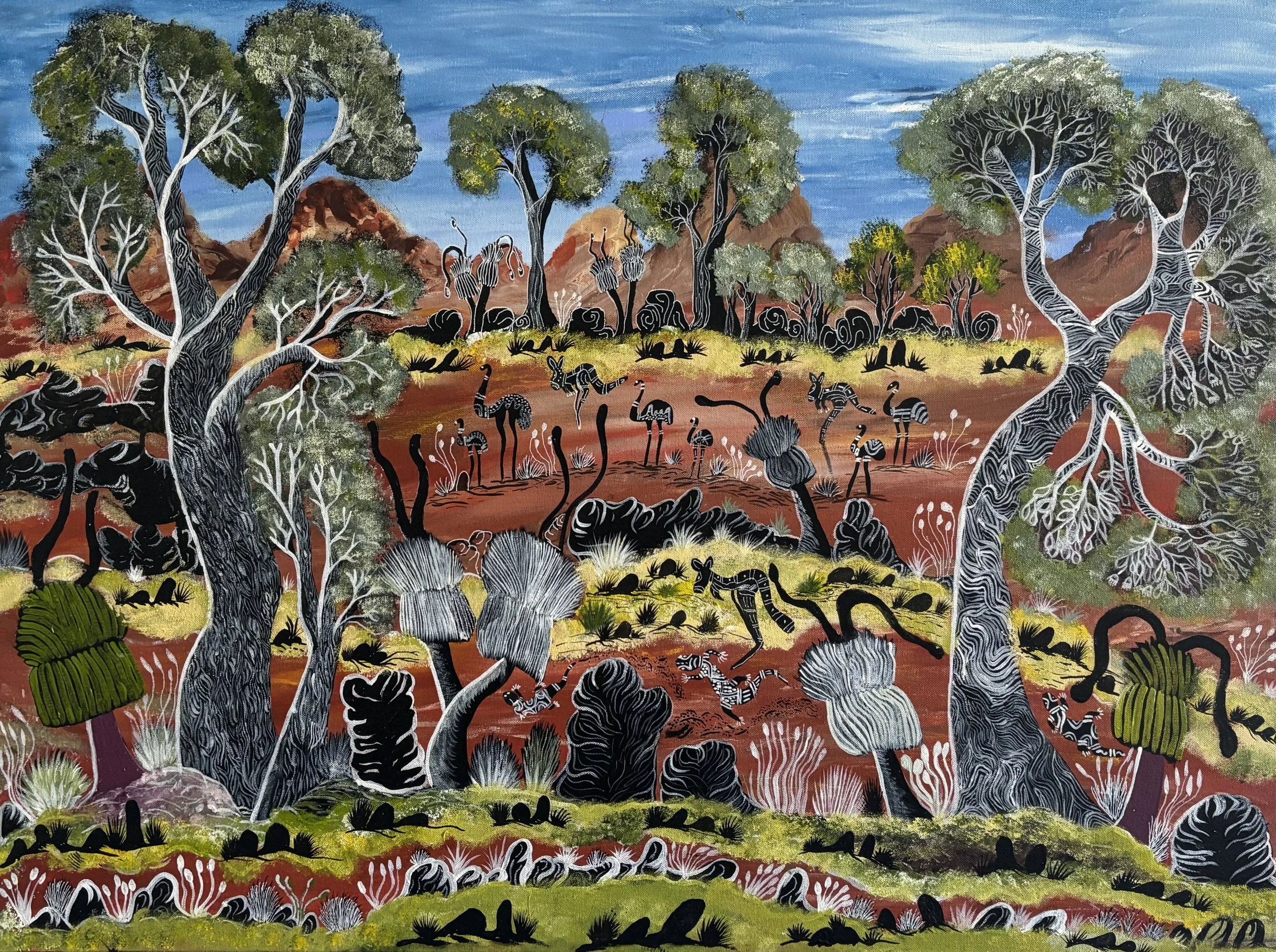 1. Bungaan (Joanne Parfitt), “Top of Midland there, Top of Morrison Road, John Forest, on Country.”, 2026, acrylic on canvas, 76 x 100 cm. SOLD.