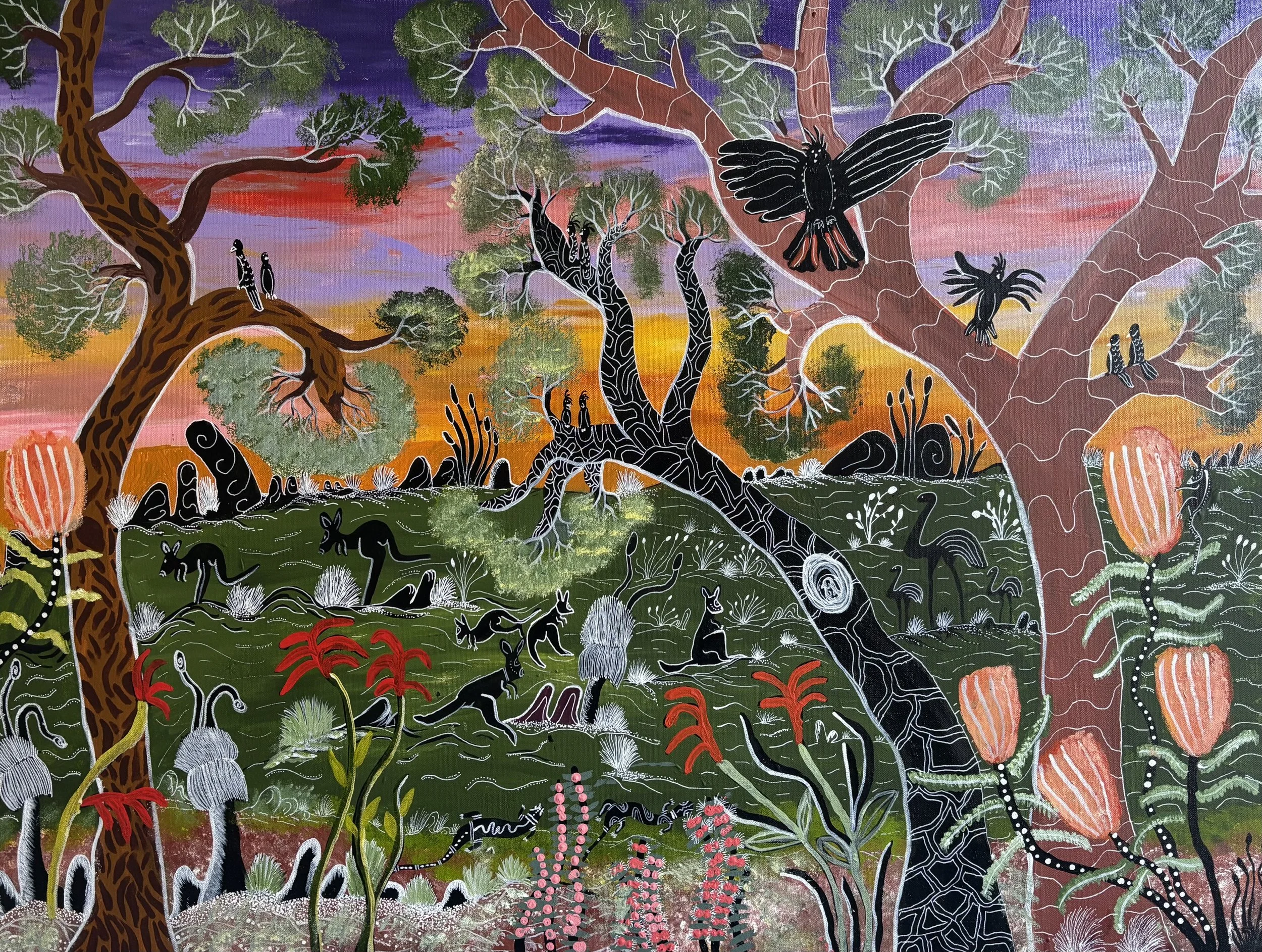 2. Bungaan (Joanne Parfitt), “Stratton, Talbot Road Bushland. All the birds and the banksias. Moorditj.”, 2026, acrylic on canvas, 76 x 100 cm. SOLD.