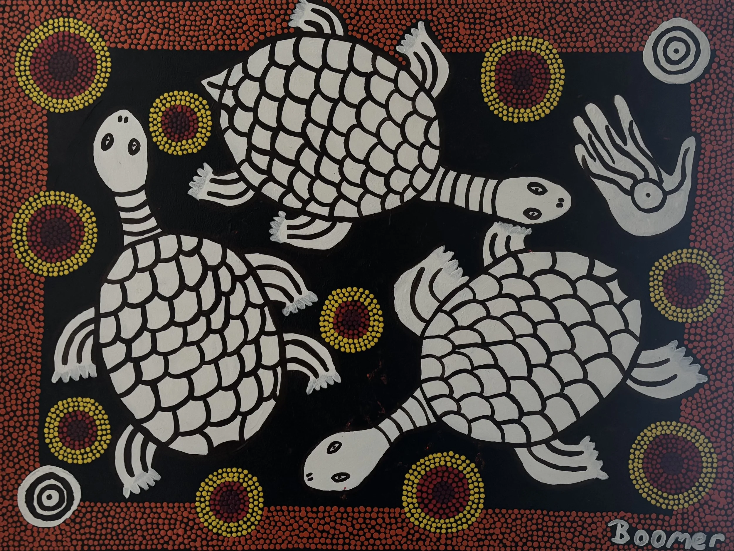3. Boomer (Brett Parfitt), 'Yakaan Dreaming “Noongar people hunt and gather. They hunt for Yakaan at the waterhole.”', 2021, acrylic on canvas, NFS.