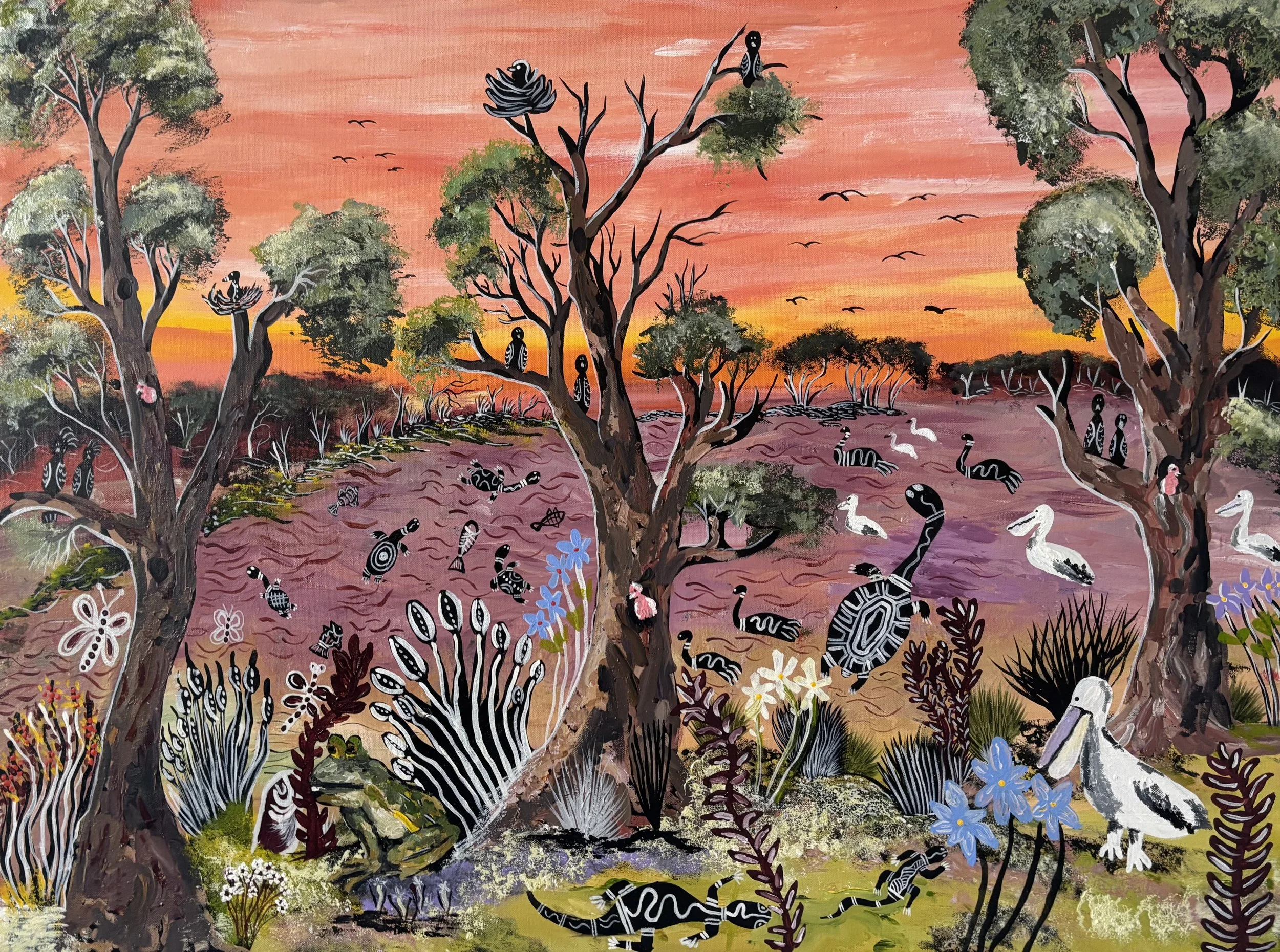 4. Bungaan (Joanne Parfitt), “The Wetlands in Midland – Woombanung, Kwobidak!”, 2026, acrylic on canvas, 76 x 100 cm. SOLD