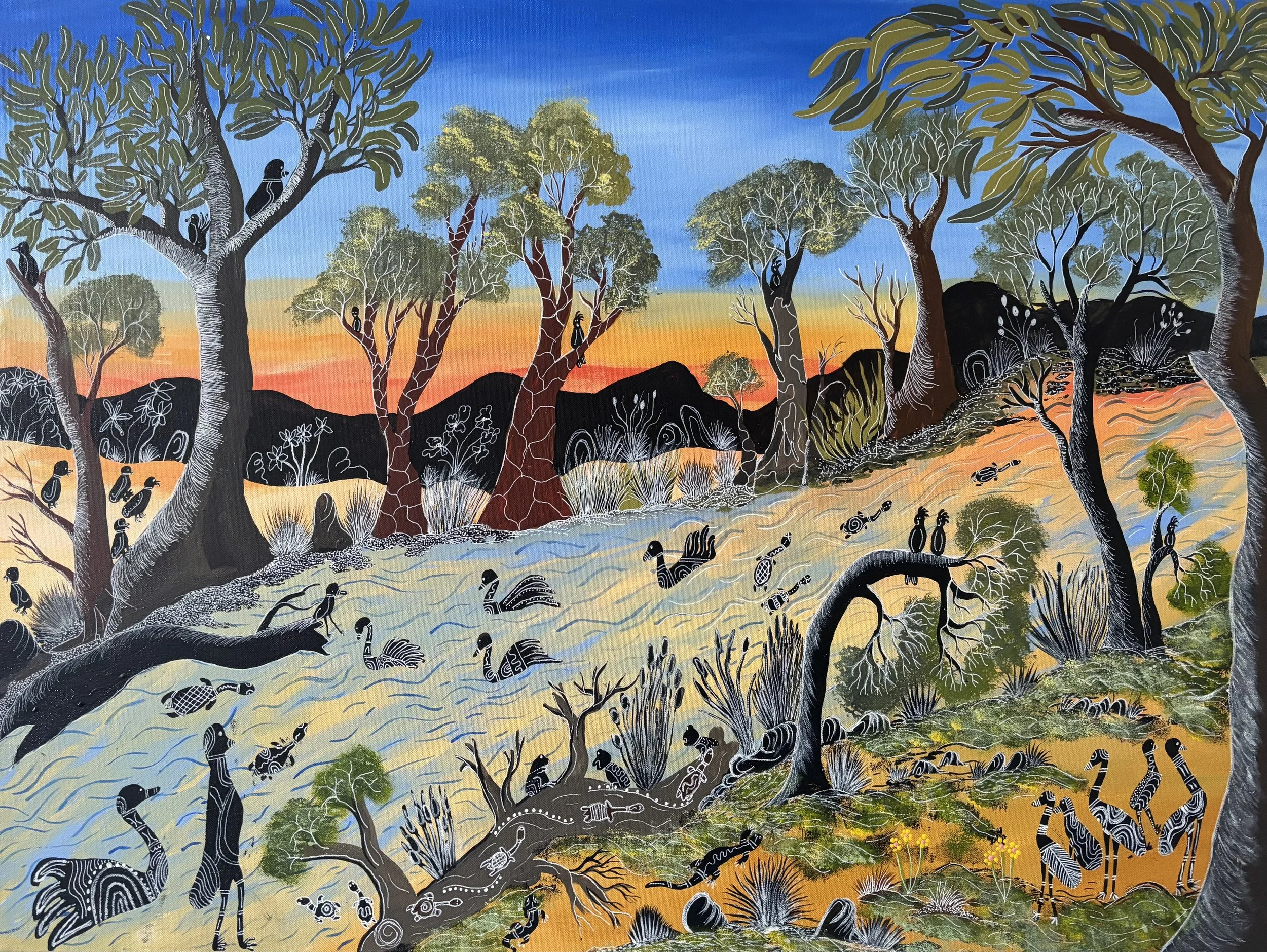 5. Bungaan (Joanne Parfitt), “That one there’s the Derbal. The hunting place where we hunt and gather.”, 2026, acrylic on canvas, 76 x 100 cm. SOLD.