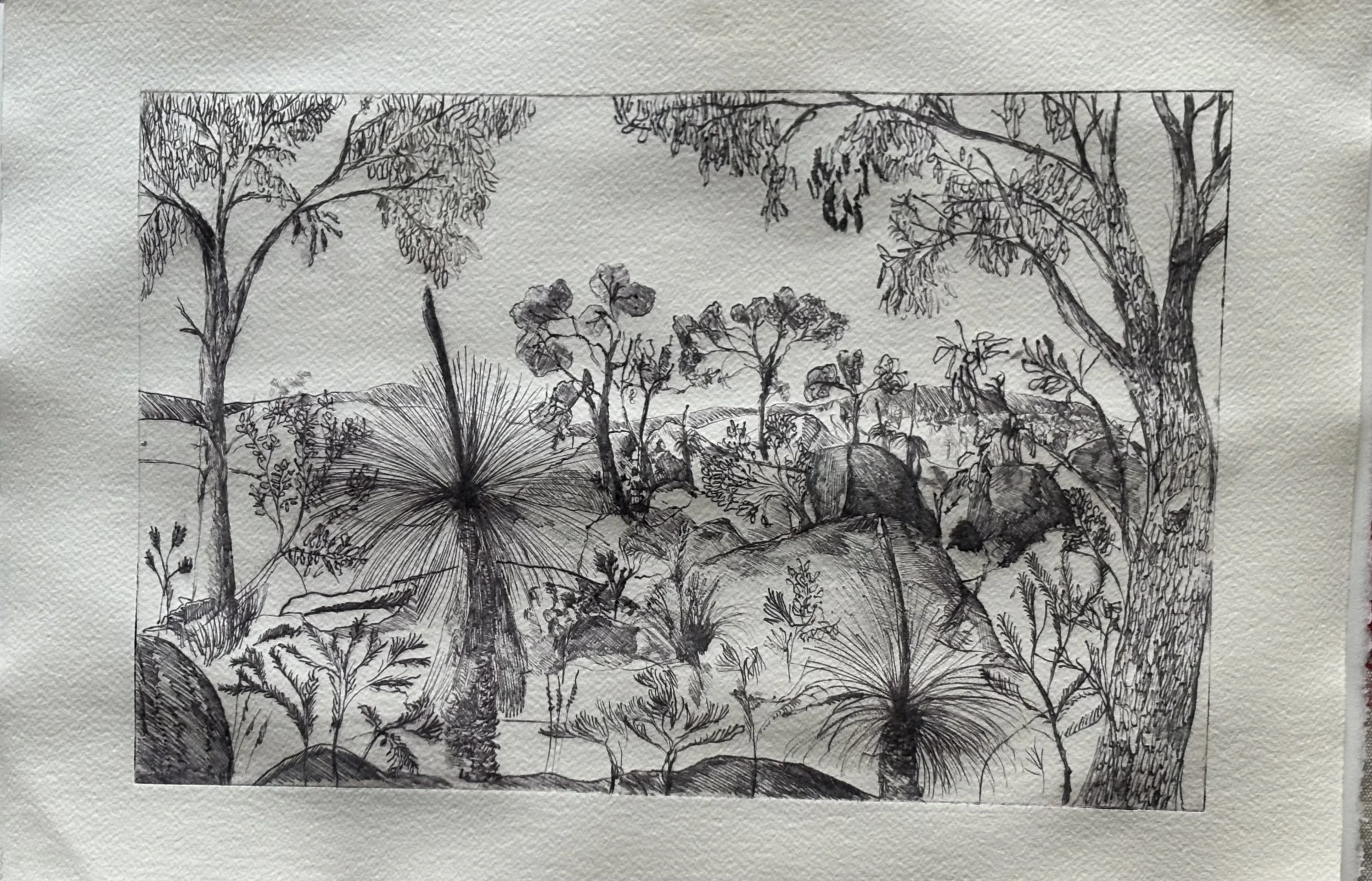 7. Darcy Rankin, “That was the top of the hill Darce, Top of Morrison Road.”, 2026, drypoint etching, 38 x 56 cm. POA.