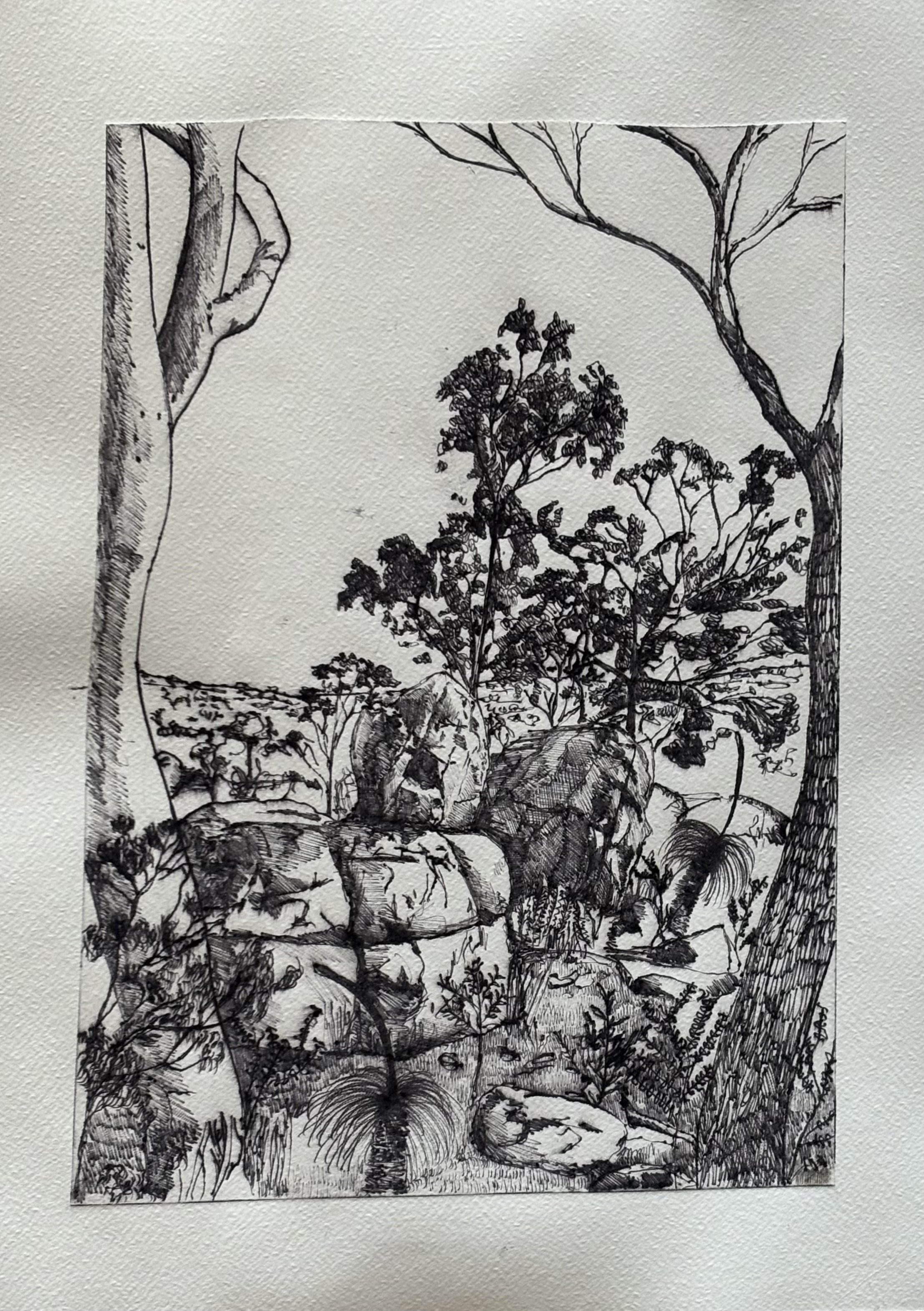 8. Darcy Rankin, “That was the on top of the hill too Darcy, all the rocks, boulders and baalgas, different shapes”, 2026, drypoint etching, 56 x 38.5 cm. POA.