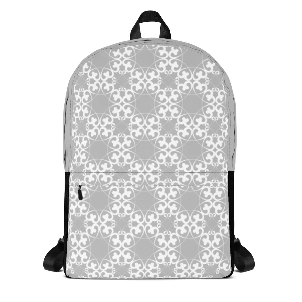 Eightfold-flower-heart-pattern-style-2,-White-on-Grey-and-Black-Backpack_mockup_Front_White.jpg