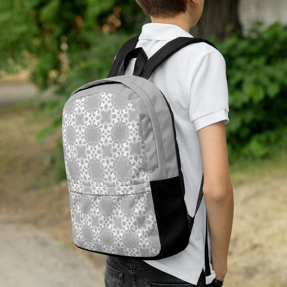 Eightfold-flower-heart-pattern-style-2,-White-on-Grey-and-Black-Backpack_mockup_Right_Lifestyle_White.jpg