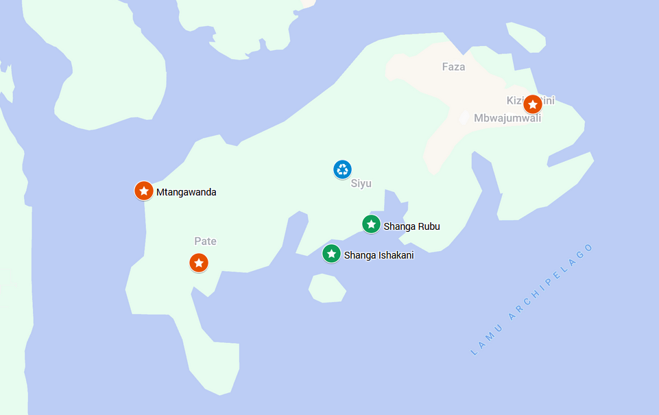 A map of Pate Island with the transit and MRF stations marked.