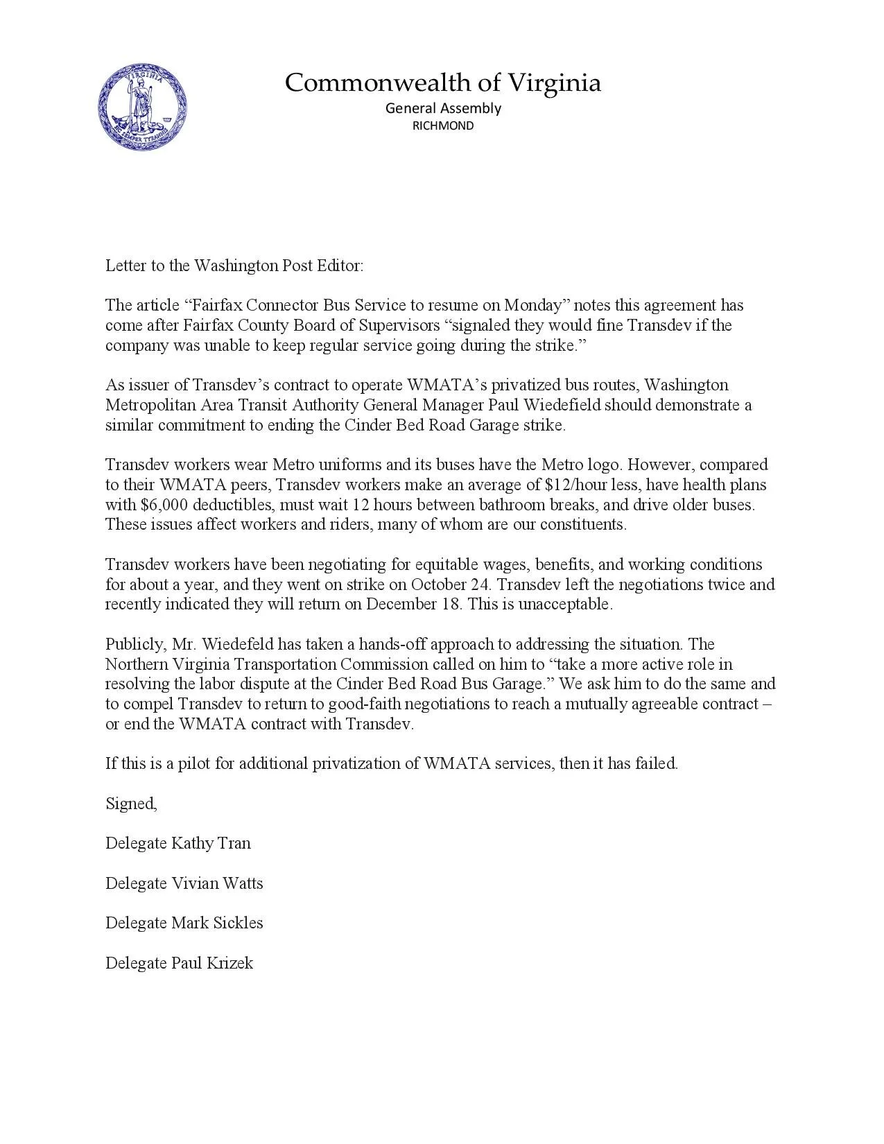 Letter to the Washington Post Editor — Kathy Tran for Delegate