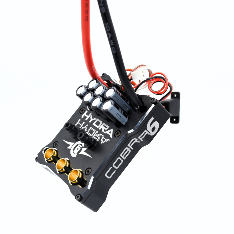 A close up of the Hydra Cobra 6, a compact 8S water-cooled ESC.