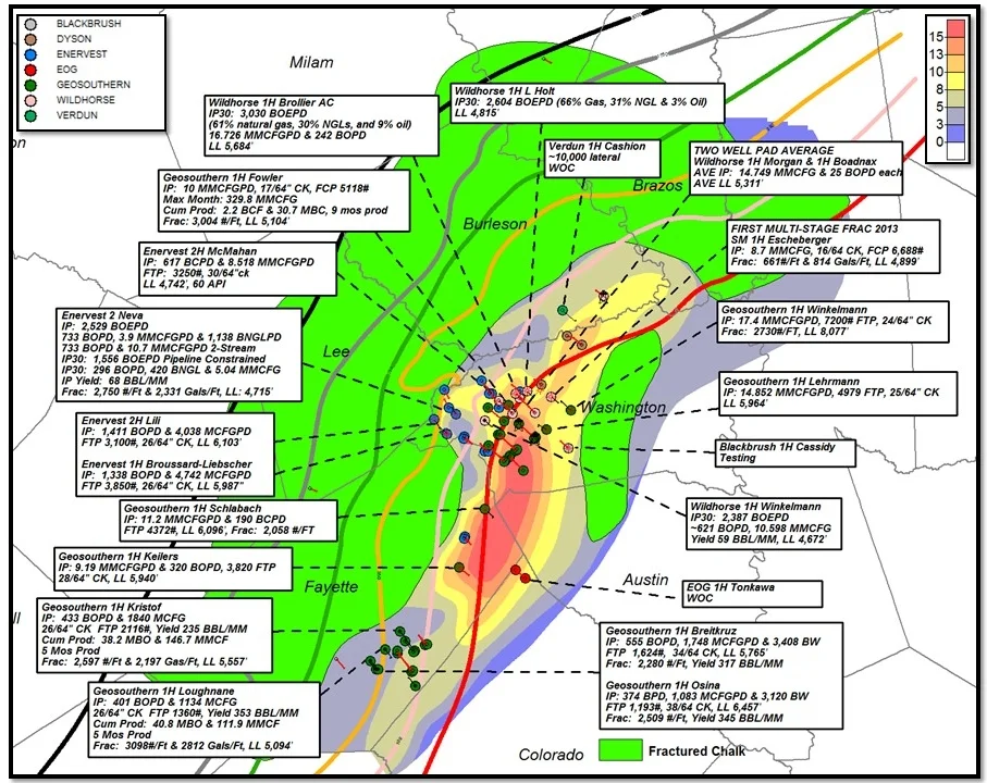 Austin Chalk Reservoir Volume Map (Porosity * Ft * (1-Sw)) with Yield Contours