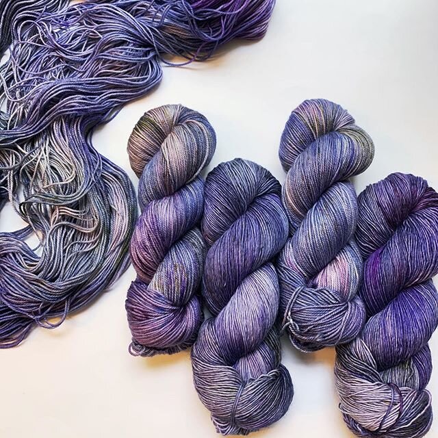 Another new fave: Deadly Nightshade. Available on Posh Sock and Sublime Fingering. I need a sweater in this colorway! 💜💜💜💜🖤💜💚💜💛💜💜💜