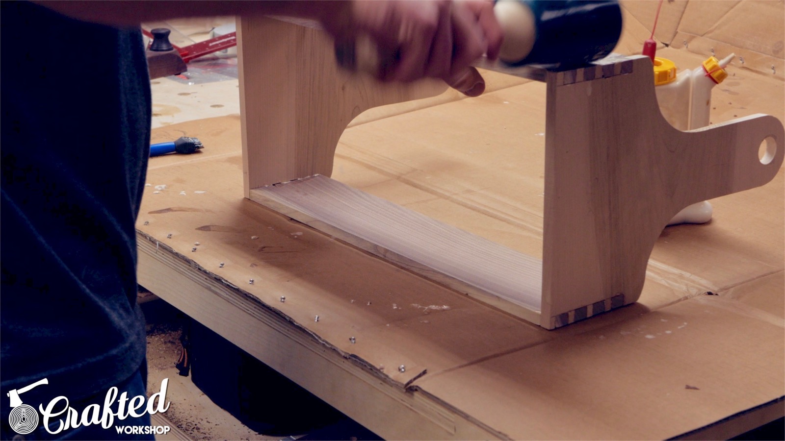 gluing together hand cut dovetail box