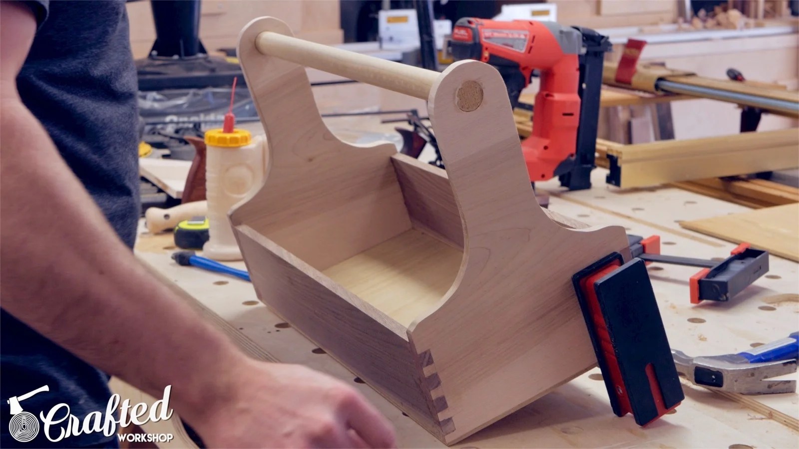 gluing in dowel rod for tool tote handle