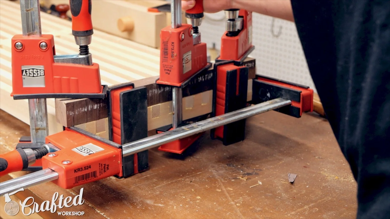 clamping mid-century modern slatted bench