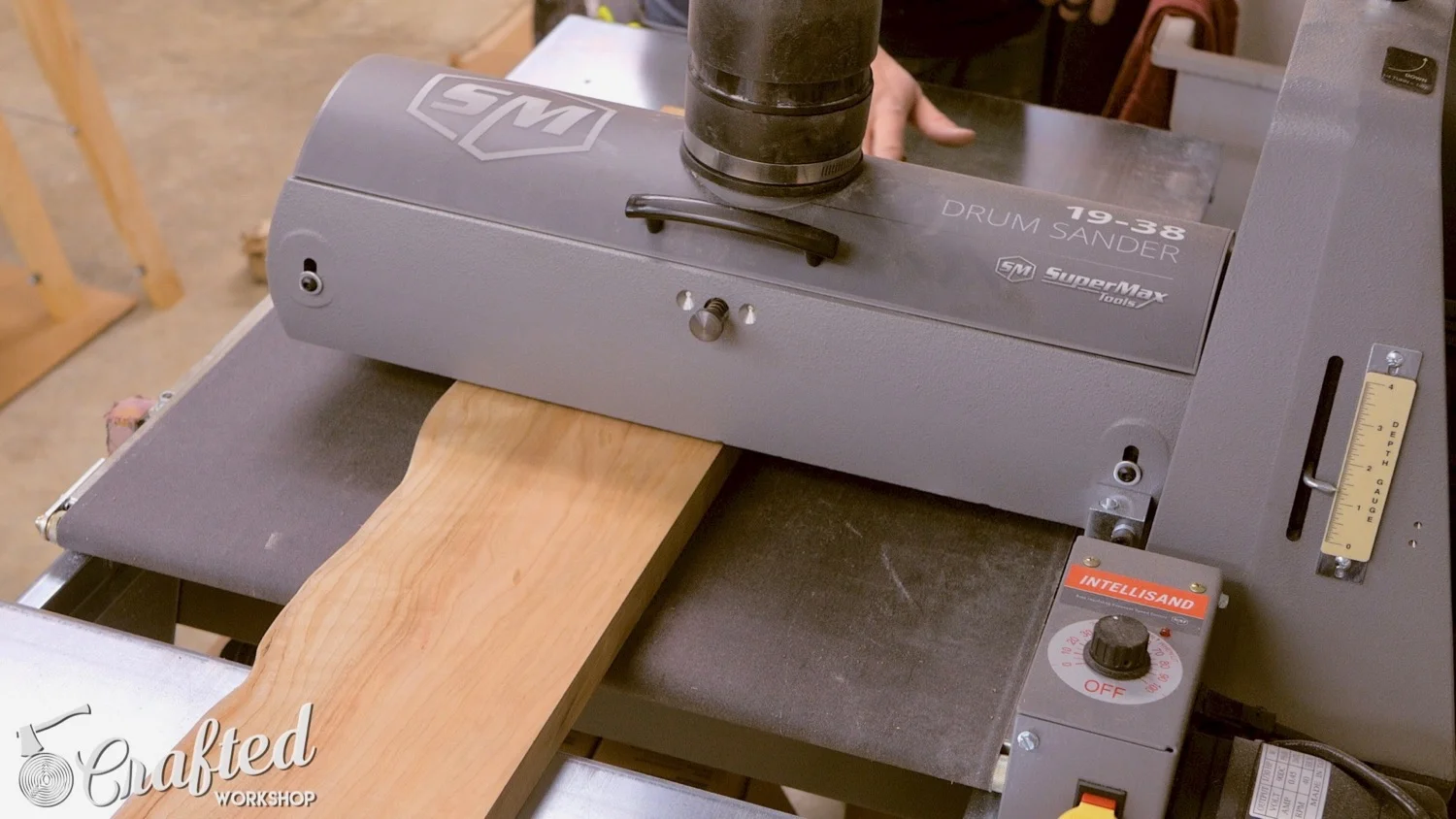 using a drum sander on a live edge slab