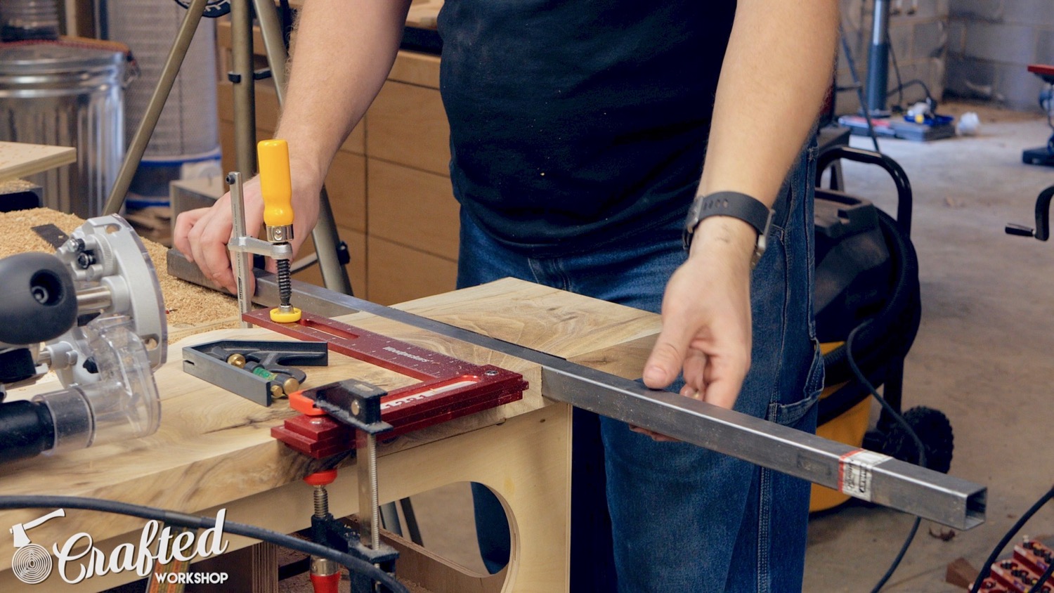 routed dado for recessed steel leg in live edge slab table