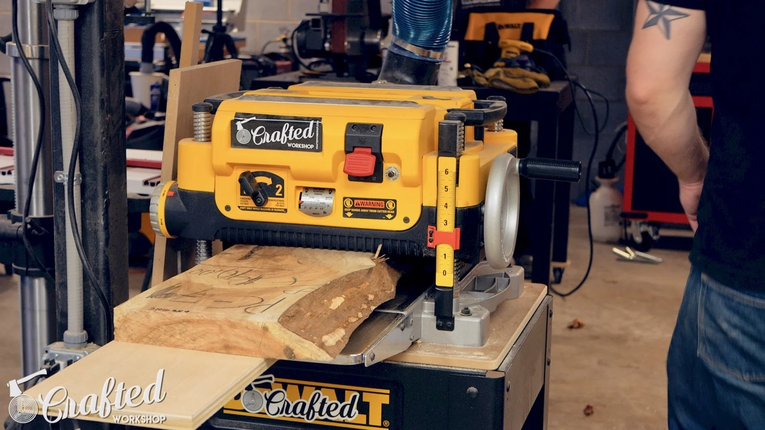 running live edge slab through planer on planer sled