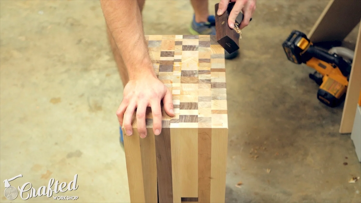 chamfering edge of end table with hnt gordon block plane