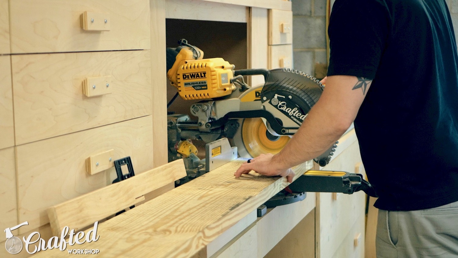 Cutting 2x10 to length on miter saw.