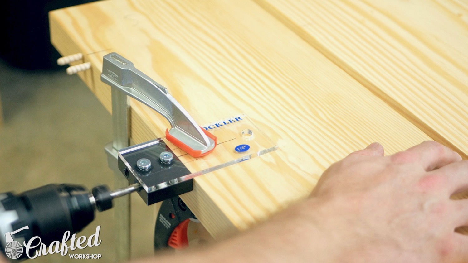 Using the Rockler dowel drilling jig to drill dowel holes, which will help with alignment during the glue up. 