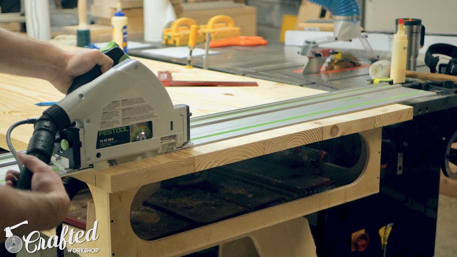 Trimming the ends of the center panel square using my Festool TS55 Track Saw.