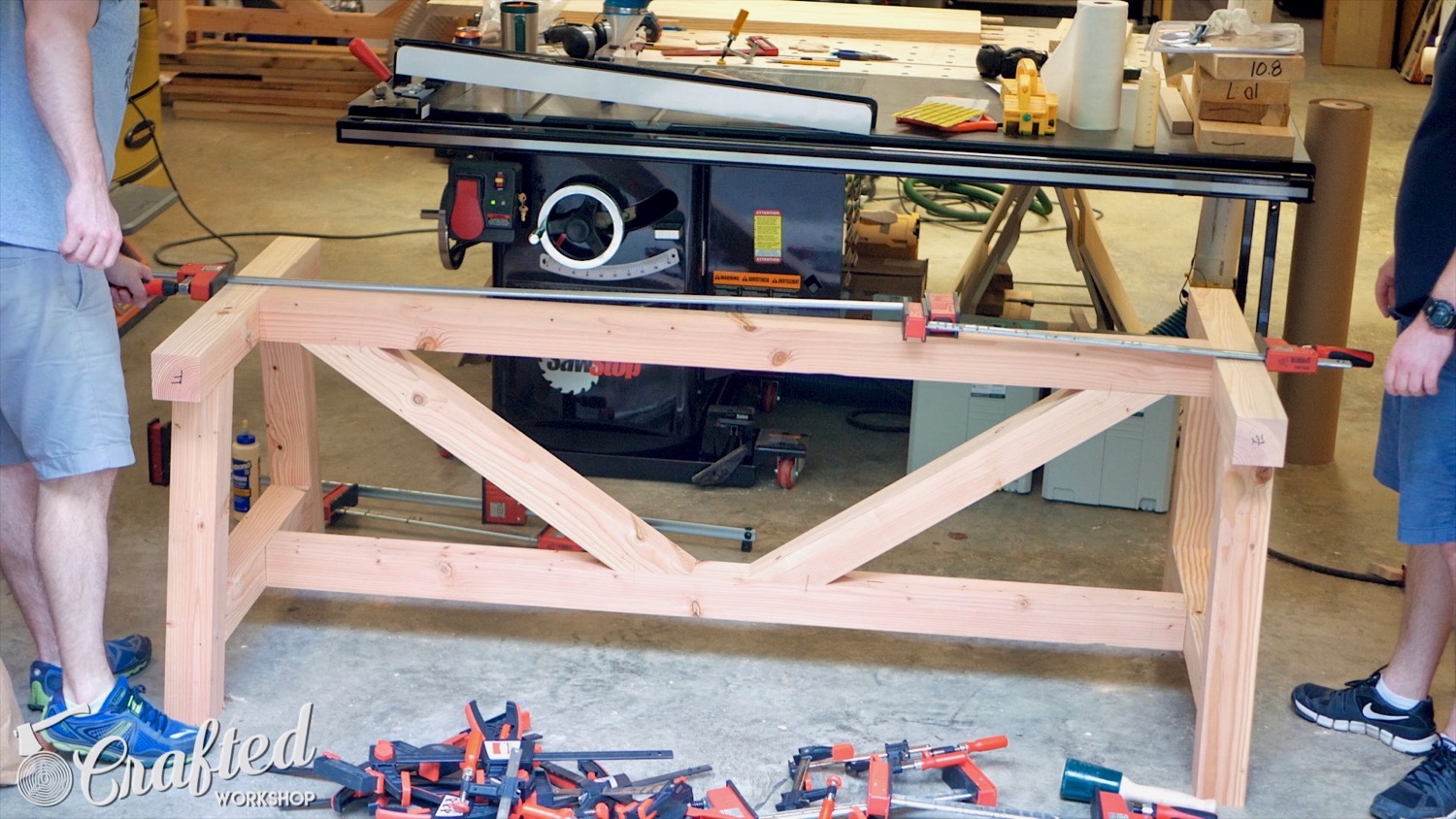 Assembling the table base.