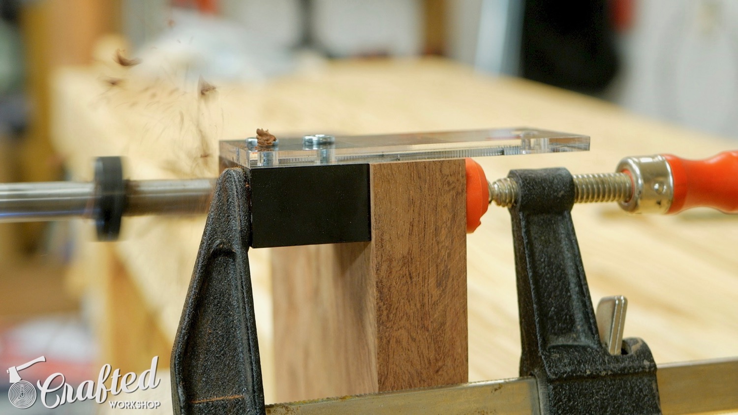 Using Rockler Dowel Drilling Jig to drill dowel holes in Bubinga.