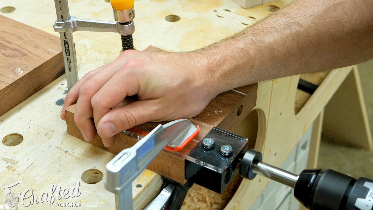 Using Rockler Dowel Drilling Jig to drill holes in Bubinga