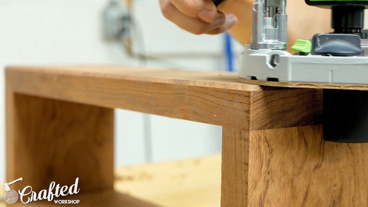 Routing chamfer on Bubinga using Festool OF 1400 router.