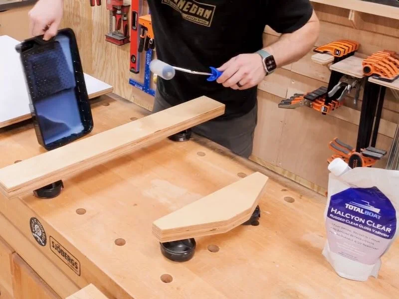 Applying finish to all the plywood of the cross cut sled.