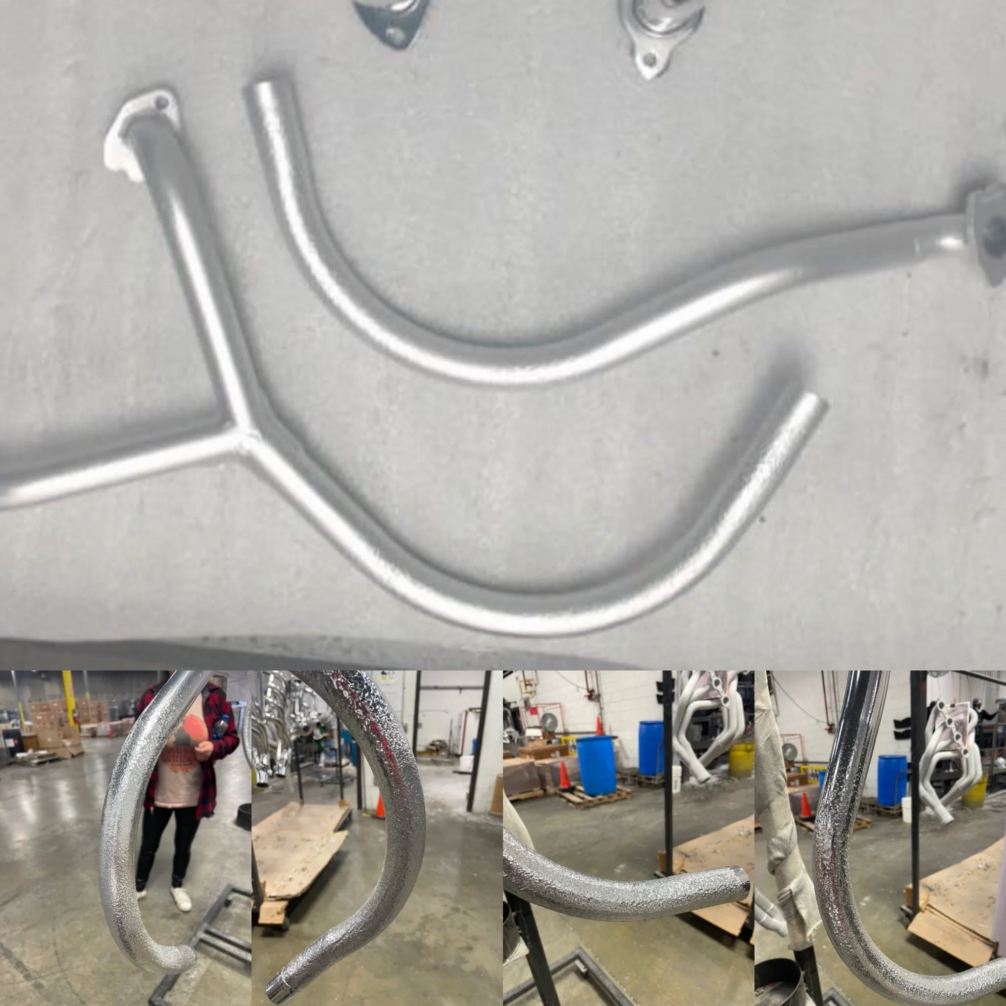 Pitted headers coated in 1300P below (note how classic polish accentuates the pitting); coated in 1300S above (Satin silver smooths appearance when applied over rusted parts)