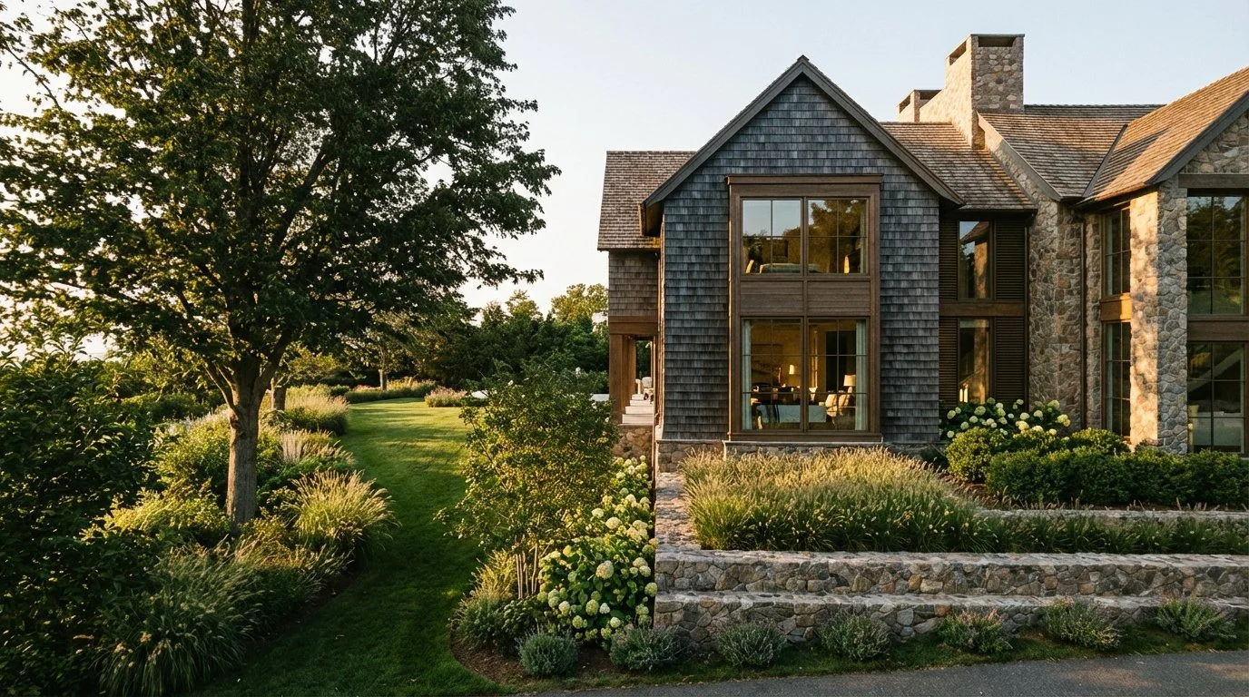 A house with stone and dark wooden siding, large windows, and a landscaped yard with flowers, shrubs, and a grassy lawn in warm sunlight.