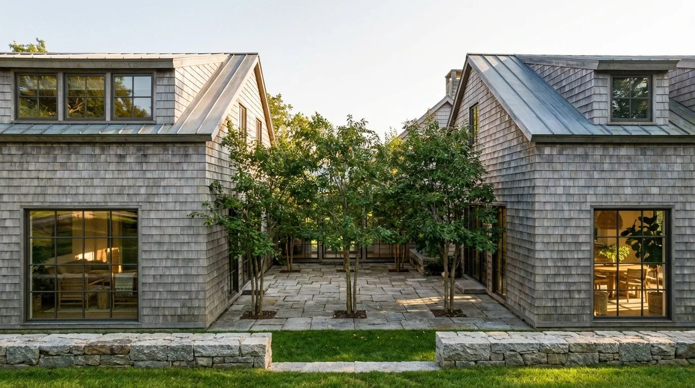 Two gray shingle-sided houses facing each other with a small courtyard in between, featuring several green trees and stone paving, with interior furniture visible through the large windows.