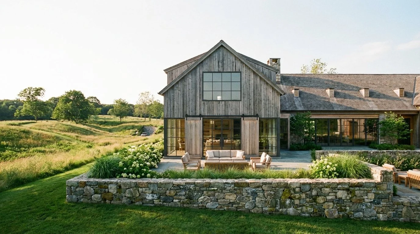 Modern house with large windows, stone and wood exterior, outdoor seating area, and lush landscape