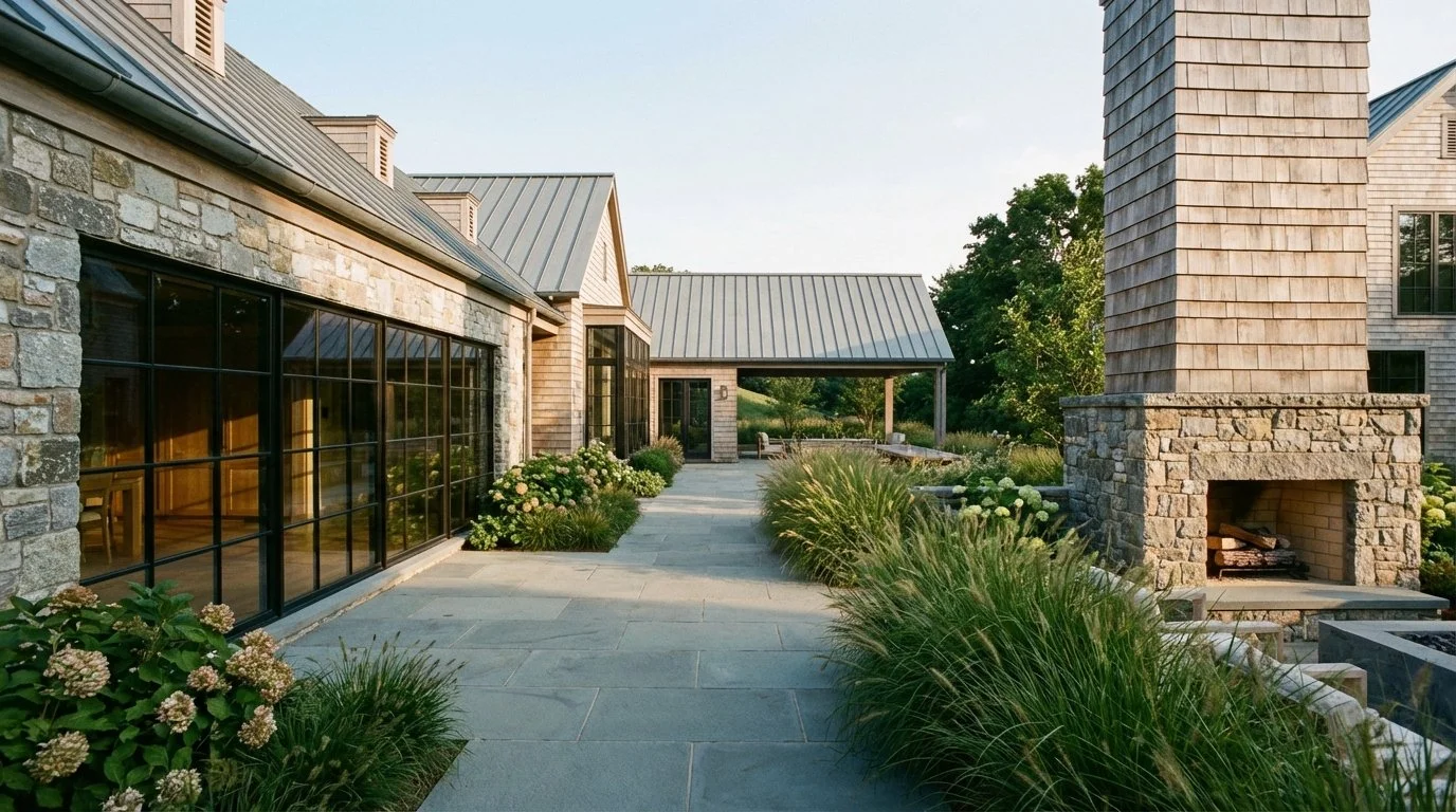 A spacious outdoor patio area in a backyard with a stone and wooden house, large glass sliding doors, lush green plants, and a stone chimney with a built-in fireplace.