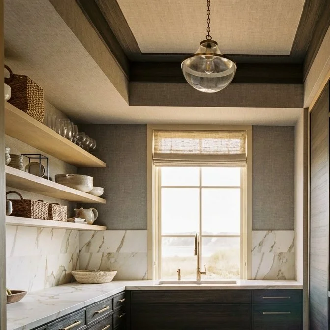 A cozy kitchen with open wooden shelves holding dishes, glasses, and baskets, a marble backsplash, a window with a shade, and a ceiling light fixture.