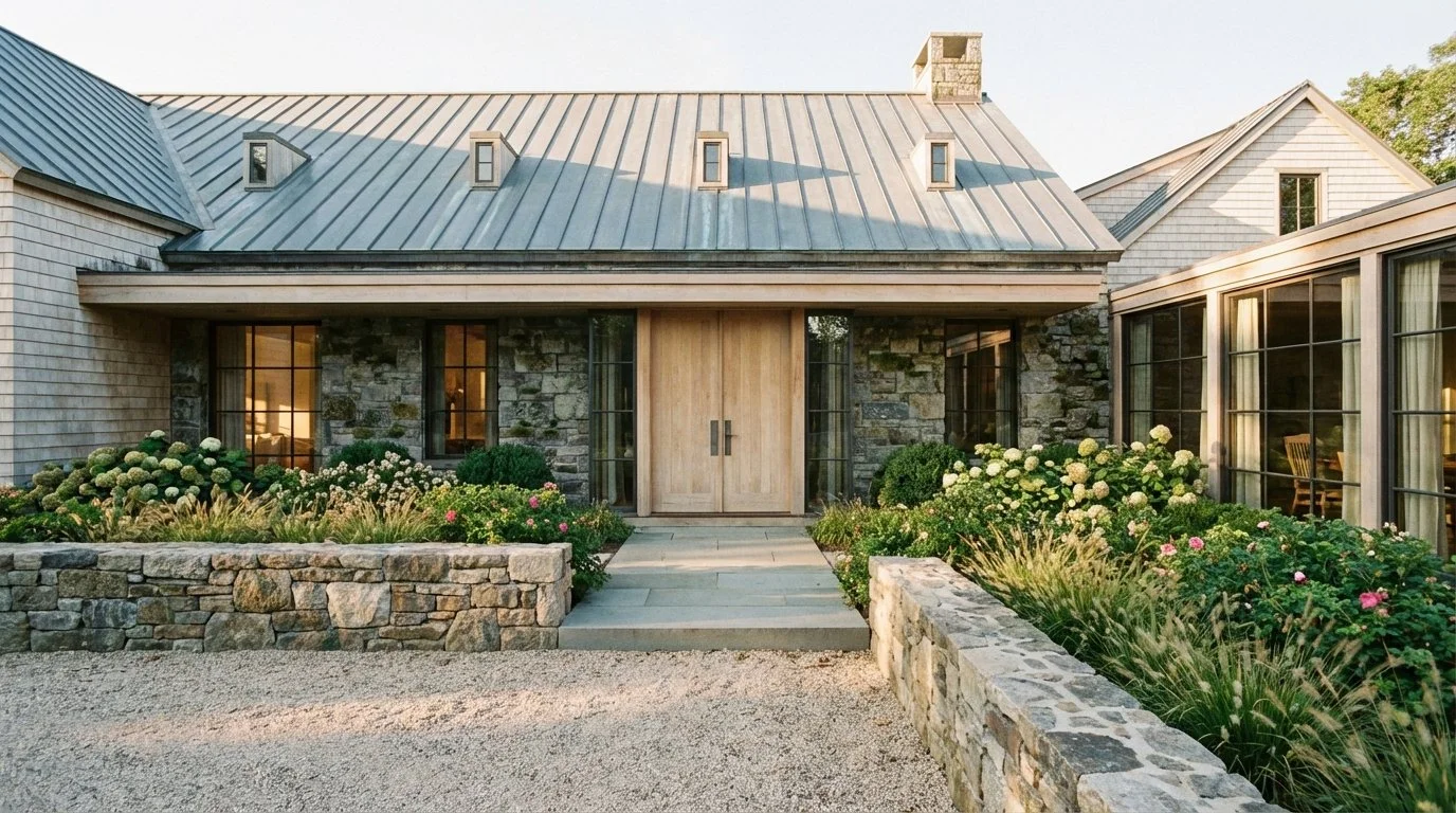 Front view of a house with a stone and wood exterior, metal roof, large front entrance, and garden with flowers and shrubs.