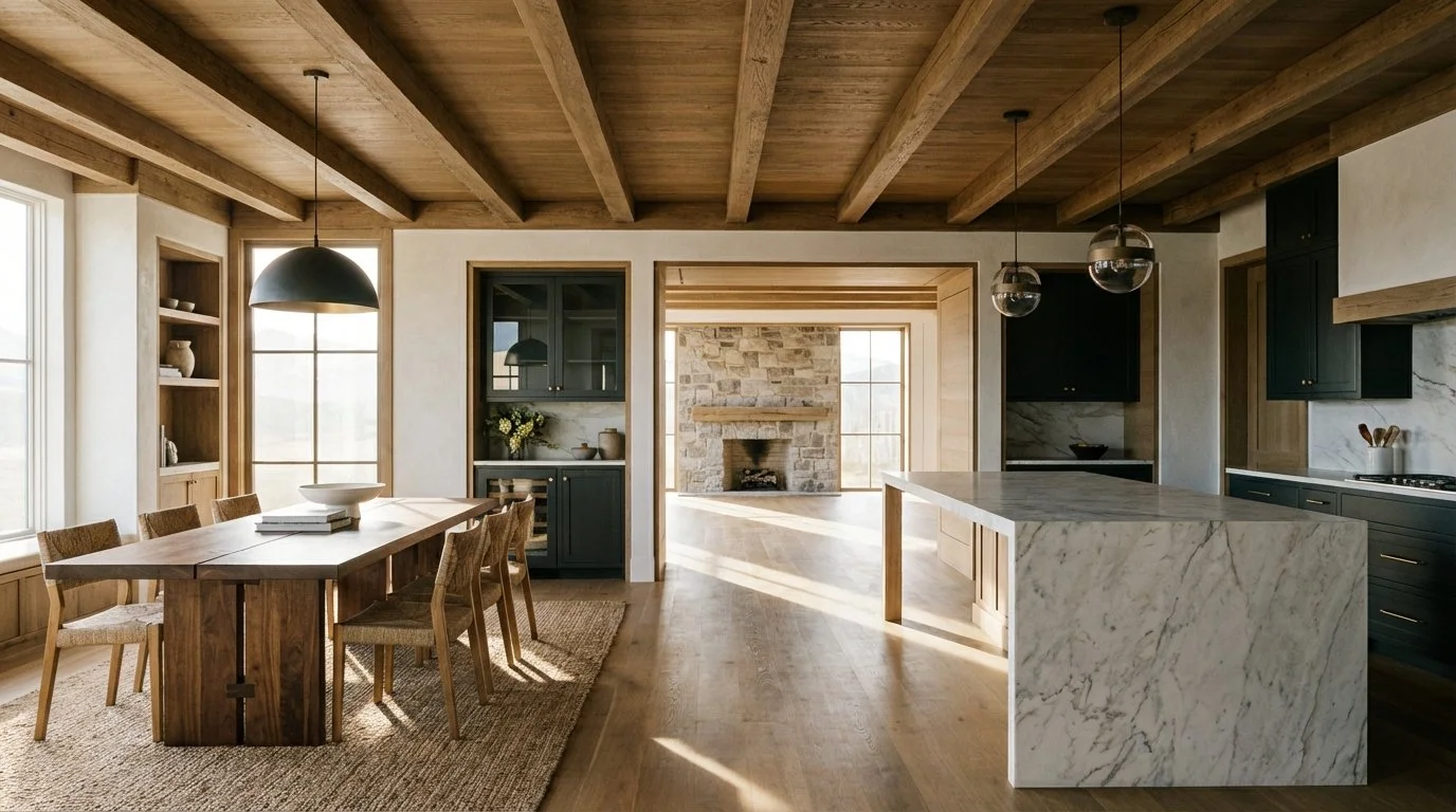 Modern kitchen with wooden ceiling beams, a marble kitchen island, black cabinets, wooden dining table with woven chairs, and a stone fireplace in the adjoining room.