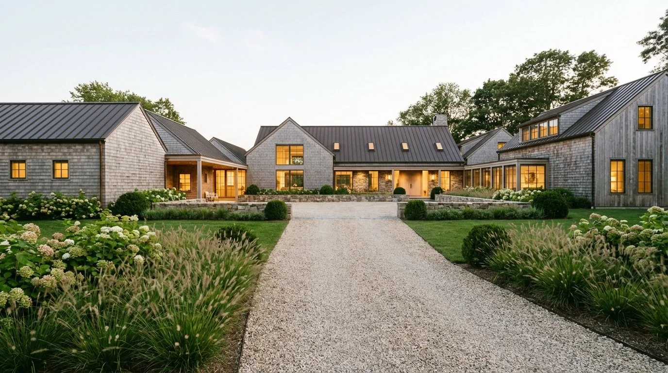 Large modern house with multiple sections, fenced yard, and well-maintained garden with shrubs and flowers, during sunset.