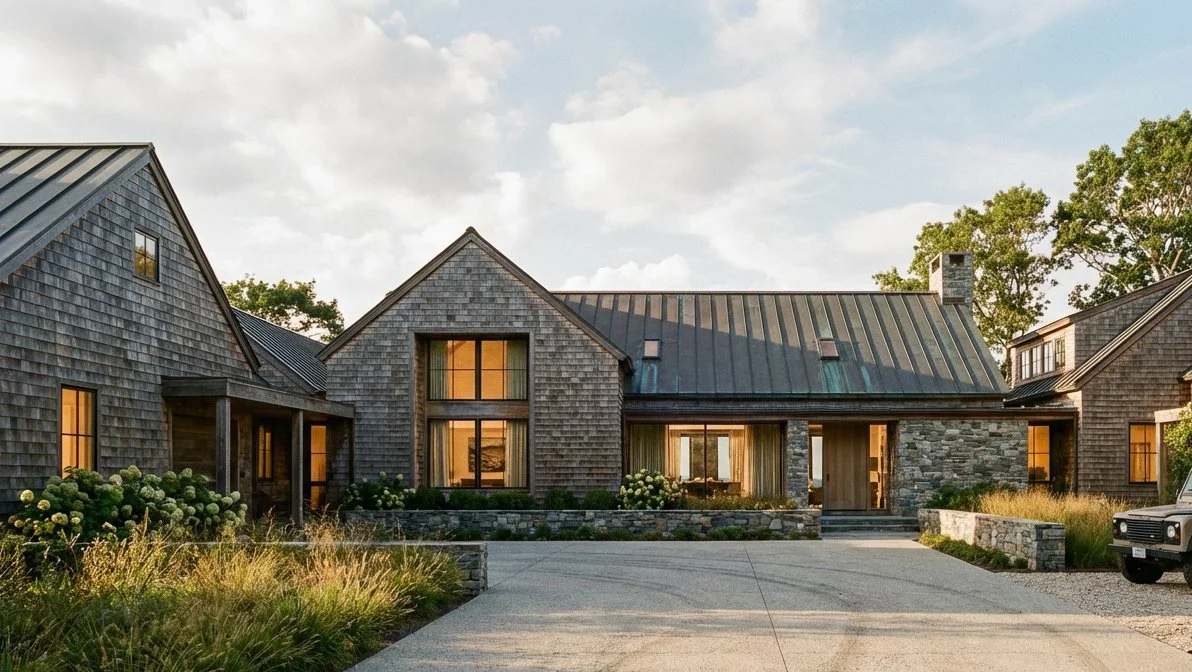 A modern house with a shingled exterior and large windows, surrounded by landscaped gardens and trees, during sunset.