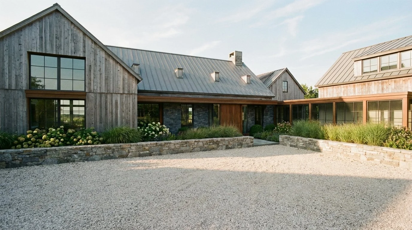 A modern rustic house with a wooden exterior, large windows, and a gravel driveway, surrounded by landscaped garden beds with green plants and white flowers.