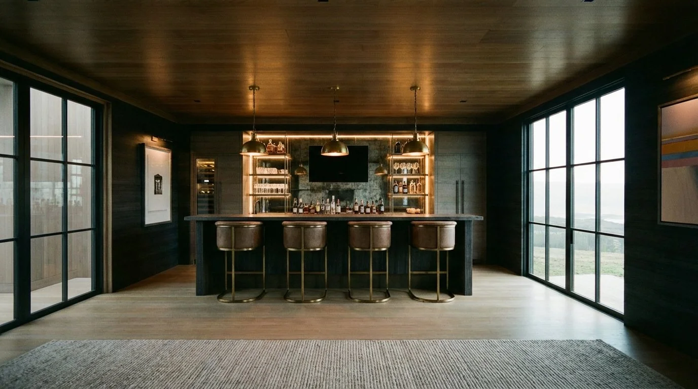 Modern home bar with five chairs, a dark wood counter, shelves of liquor bottles, and large windows overlooking a grassy landscape.