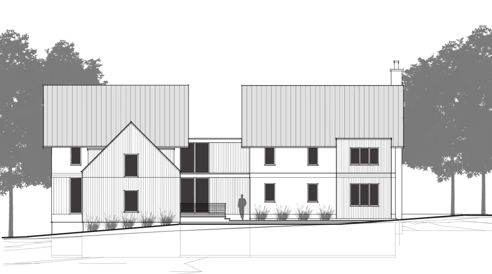 A black and white architectural rendering of a modern multi-story residential building with a gable and flat roof sections, surrounded by trees and landscaping.