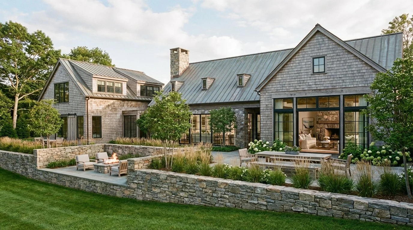A large house with an enclosed patio, outdoor seating area, and fireplace, surrounded by a well-maintained lawn and garden.